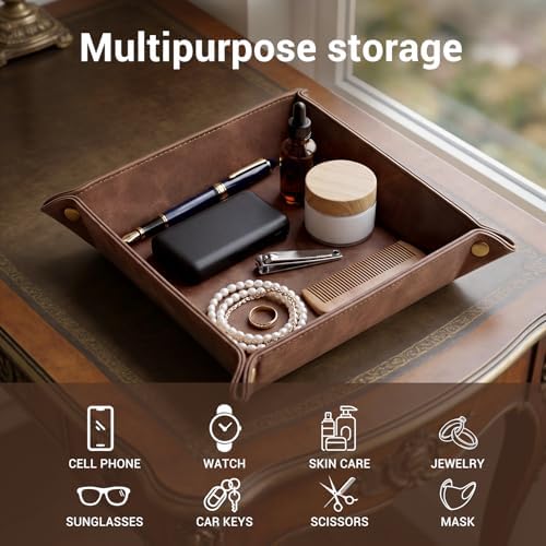 CoBak Leather Valet Tray, PU Leather Catch All Tray for Entryway,Brown - Image 4