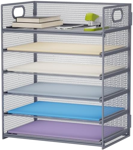 Marbrasse 6 Tier Paper Organizer Letter Tray - Mesh Desk File Organizer with Handle, Paper Sorter for Letter/A4 Office File Folder Holder - Grey by Marbrasse