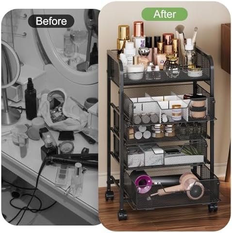 Makeup Cart Organizer with 4 Drawers, Vanity Storage Organizer, Large Floor Skincare Organizers Cosmetics Display Cases for Skin Care Perfume Nail Polish, Black - Image 5