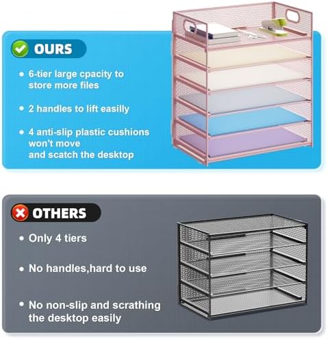 Marbrasse 6 Tier Paper Organizer Letter Tray - Mesh Desk File Organizer with Handle, Paper Sorter for Letter/A4 Office File Folder Holder -Pink - Image 2
