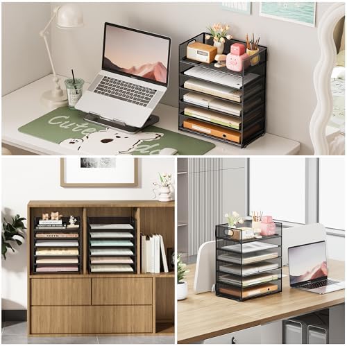 2-Pack 6-Tier Paper Tray Organizer for Desk - Black Mesh File Folder Sorter with Handles, Desk Letter Holder for Office, Home, School Supplies Storage & Organization - Image 3