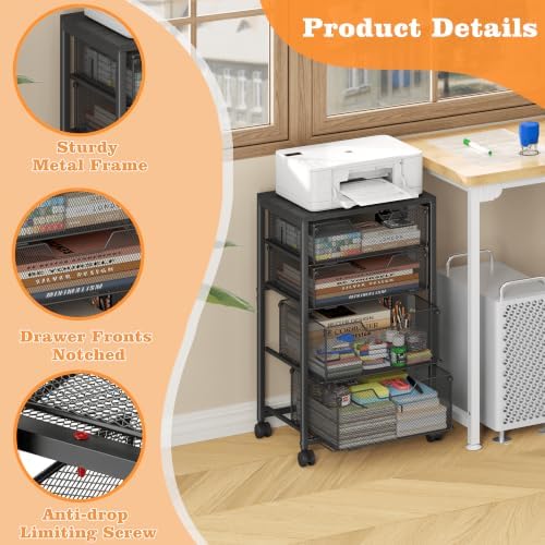 4 Drawers Rolling File Cart with Wheels, Mobile File Cabinet, Black - Image 6