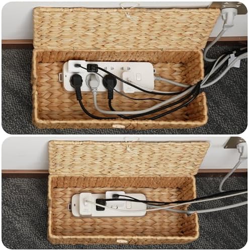 Cable Management Box with Lid, 2Pack Handwoven Real Water Hyacinth Cord Hider Organizer Boxes, 2 Side Open Slots Storage Box to Hide Cords Power Strip for Desk, Floor, Office - Image 3