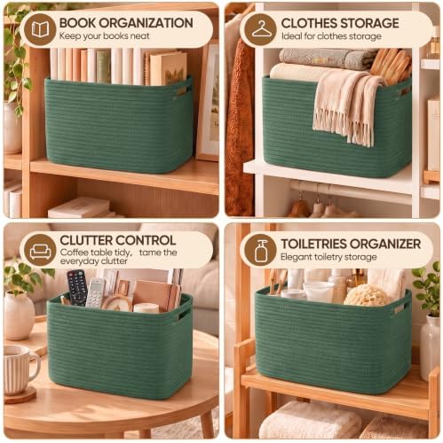 4 Pack Storage Baskets for Organizing, Woven Baskets for Shelves - Perfect for Toys, Books, Towels, and Clothes, Durable Gift Basket Bins Toy Storage, 13''L x9''W x7.8''H, Green - Image 6