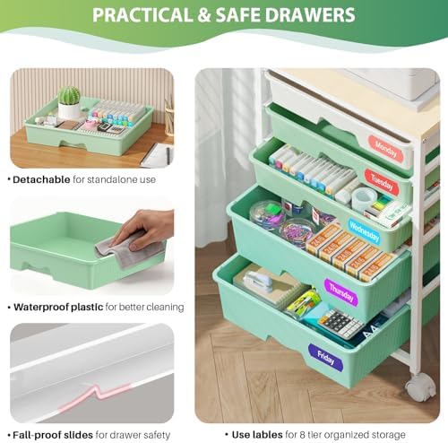 Rolling Cart with 5 Drawers for Craft, Art, Dorm, Office, Green - Image 3