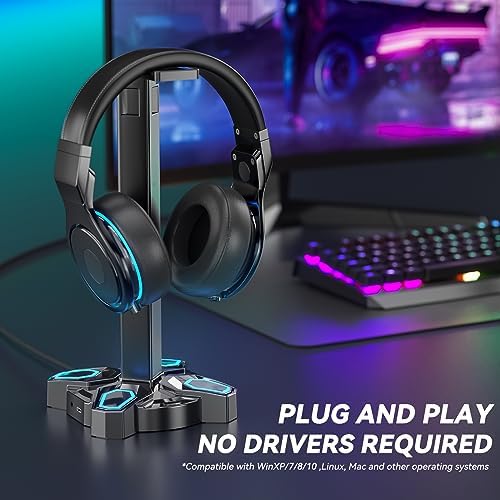 KDD Gaming Headphones Stand, Rotatable Headset Stand with Light Modes - Controller Holder with 2 USB Charging Ports and 3.5mm - Earphone Hanger Accessories for Desktop Gamer(Black) - Image 2