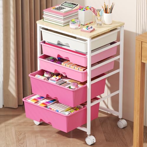Rolling Cart with 5 Drawers for Craft, Art, Dorm, Office, Pink by Goovilla