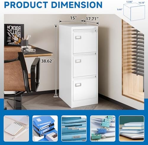 3 Drawer File Cabinet with Lock Metal Vertical File Storage Cabinet Office Home Steel Vertical File Cabinet for A4 Legal/Letter Size Narrow File Cabinet Locked,Assembly Required - Image 4