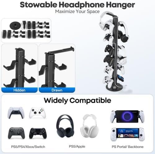 Gaming Controller & Headset Holder Stand for Desk, with Charger Cable Organizer Headphone Stand for PS5/ Xbox/ PS4/ Switch, Metal Base Controller Hook for Storage with 360° Rotatable Hanger- 6 Tiers - Image 4