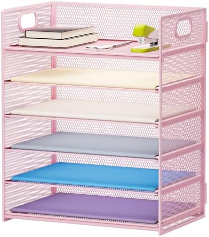 Marbrasse 6 Tier Paper Organizer Letter Tray - Mesh Desk File Organizer with Handle, Paper Sorter for Letter/A4 Office File Folder Holder -Pink by Marbrasse