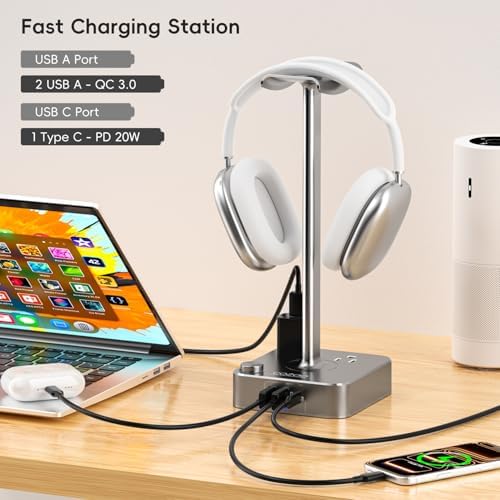 Headphone Stand with Charger, USB C, Gifts for Gamers Men, Gray - Image 4