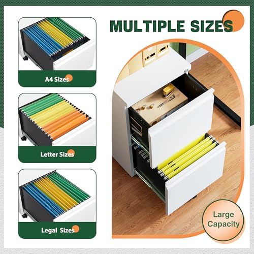 2 Drawer Mobile File Cabinet with Lock,Under Desk Metal Filing Cabinets for Home Office Organizer Letters/Legal/A4(Fully Assembled-White) - Image 6