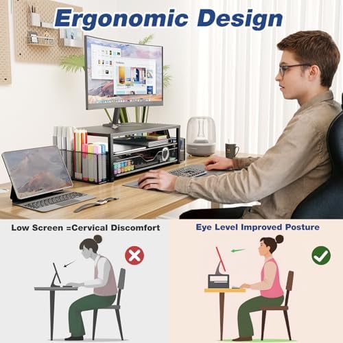 Desk Organizer and Accessories, 2-Tier Computer Monitor Stand Riser with Drawer and 2 Pen Holders, Laptop Stand, Office Desk Accessories for Office Supplies, Pink - Image 6