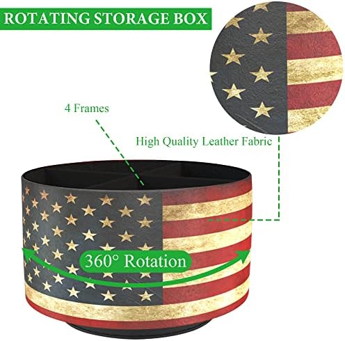 Round Leather Art Supply Organizer,Remote Control Holder,360 Degree Rotating,Multi-Functional Pencil Holder,4 Compartments Desktop Stationary Organizer(1-American Flag) - Image 3