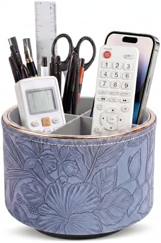 Round Leather Art Supply Organizer,Remote Control Holder,360 Degree Spinning,Multi-Functional Pencil Holder,4 Compartments Desktop Stationary Organizer(1-Golden Blue) by Hennaja