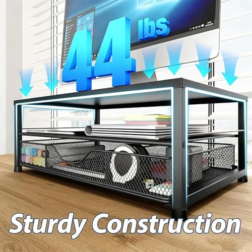 Desk Organizer and Accessories, 2-Tier Computer Monitor Stand Riser with Drawer and 2 Pen Holders, Laptop Stand, Office Desk Accessories for Office Supplies, Black 2-Pack - Image 4