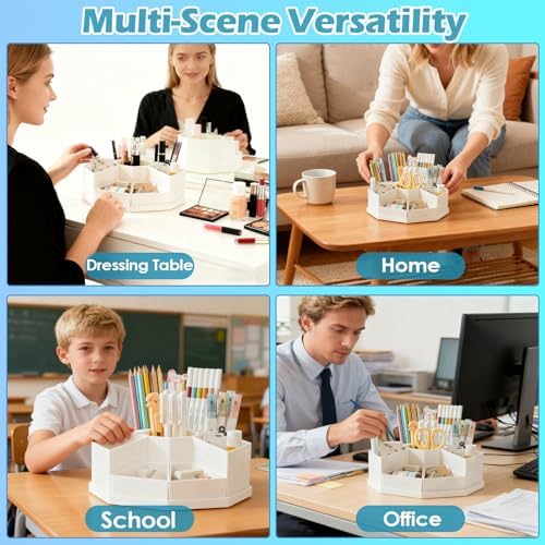 360 Degree Rotating Desk Organizer Caddy with 9 Compartments, Large Capacity Detachable Pencil Holder for Desk, Multifunctional Desktop Storage for Office, School, Home, Dressing Table, White - Image 5