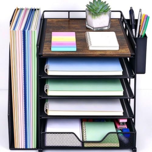 5-Tier Desk File Organizer with Drawer & Pen Holder (Wood) by Illuminatinglifewiththewarmthandloveoflight
