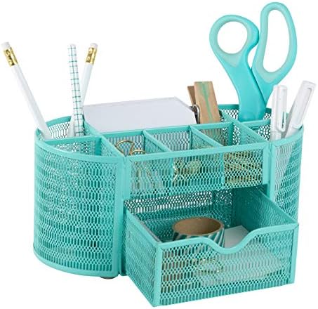 BLU MONACO Aqua Desk Organizer | Metal Stationery Holder With Drawer and Eight Compartments | Desktop Storage for Home Office or Study Space | 4.3”D x 9.3”W x 4”H Workspace Organizer by Blu_Monaco