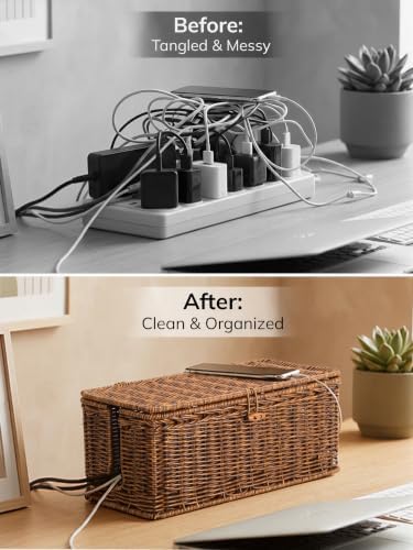Cable Management Box, Cord Organizer with Lid & Ties-Braided Edging,Brown,L - Image 5