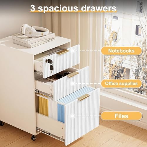 3 Drawers Fluted Mobile File Cabinet with Lock, Rolling File Cabinet Printer Stand Table, Under Desk Wooden Filing Cabinets for Home Office Essentials Storage Organization Furniture Letters/A4(White) - Image 4