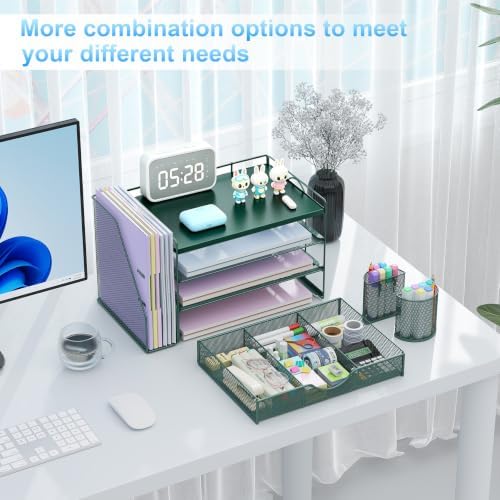 gianotter Desk Organizers and Accessories with File Holder, 4-Tier Desk Accessories & Workspace Organizers with Drawer and 2 Pen Holder, Desk Reference Organizer (Green, 4T with Metal Drawer) - Image 3