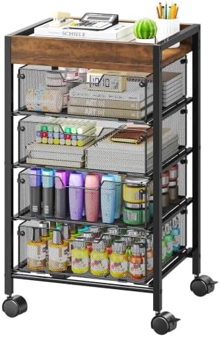 Rolling Cart with Drawers - Under Desk Storage Cart with Wheels, 4 Metal Drawers, Wood Top, Utility File Cart for Office Organization, Art, Craft, Classroom, Kitchen, Bedroom Espresso by SwtyMiki-TidyHomeSweetLife