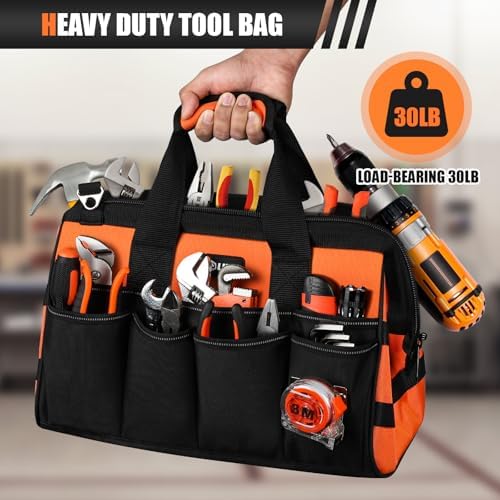 15" Heavy Duty Tool Bag, 16-Pocket Tool Box Organizer Orange - Image 4