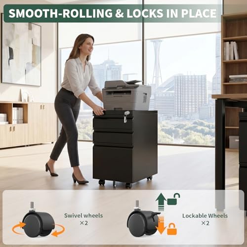 3 Drawer File Cabinet with Lock, Black Metal, Under Desk - Image 5