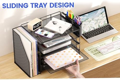 Desk Organizer, 5-Tier Desktop File Organizer with Drawer and Pen Holders, Office Desk Accessories, File Sorters, Workspace Organizers for Office Supplies(Black) - Image 7