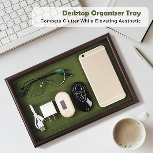 Wooden Valet Tray with Leather Base - Nightstand Catchall Organizer for Cologne, Perfume, Keys, Wallet, Phone, Watch, Jewelry & Sunglasses (Green) - Image 2