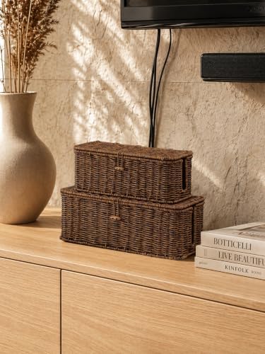 Cable Management Box, Cord Organizer with Lid & Cable Ties - Brown, M - Image 6
