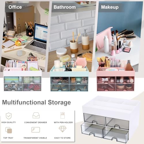 Desk Organizer, Office Organizer with Drawer, Desk Accessories & Workspace Organizers, Pen Holder Office Supplies for Desk (4 Drawers+4 Compartments, White) - Image 4