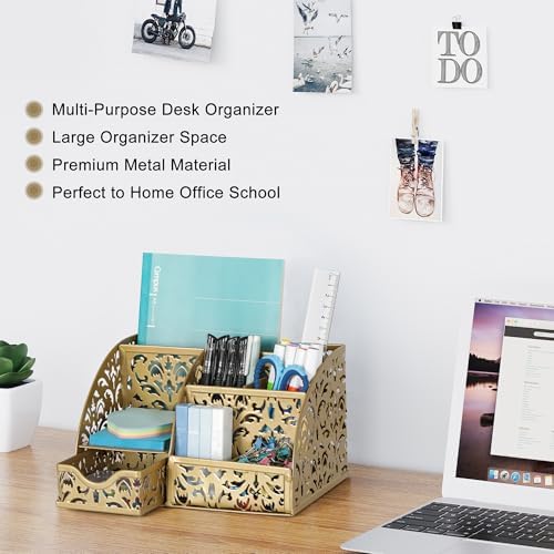 EasyPAG Desk Organizer and Pen Holder for Desk, Mesh Office Supplies Storage Caddy with Drawer for Small Space, Desktop Organizer for Home Office, Gold - Image 2