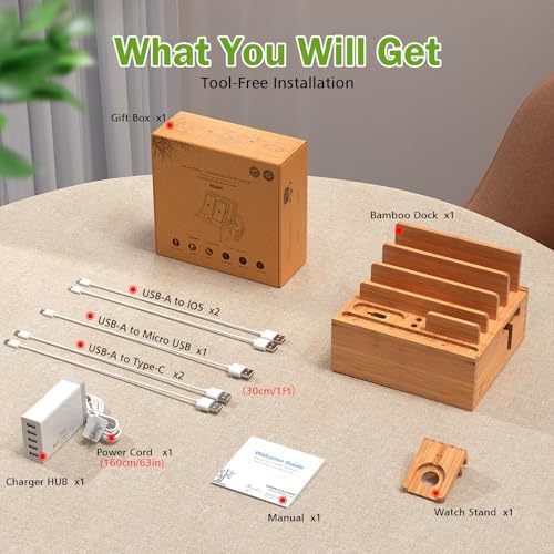 Bamboo Charging Station with Watch Holder, Charger & Cables - Image 3