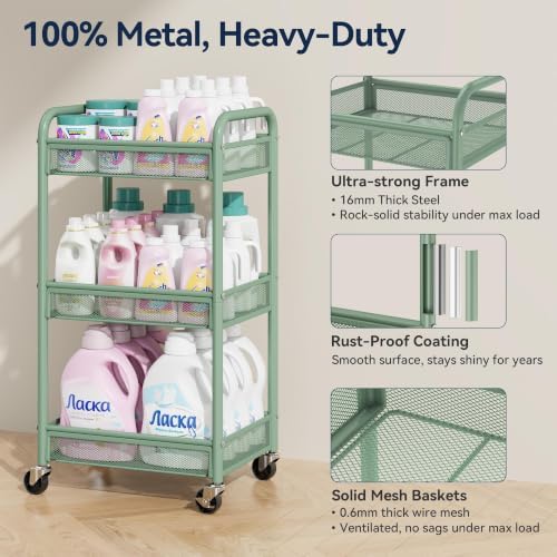 YASONIC 3 Tier Metal Rolling Cart, Green Utility Storage Cart with Wheels - Image 2