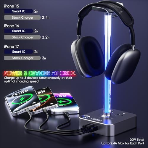 Headphone Stand with Charger, USB C, Gifts for Gamers Men, Gray Pro - Image 3