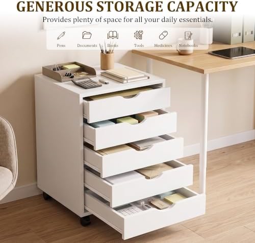 5 Drawer Rolling Storage Cabinet, Mobile File Cabinet for Office, White - Image 5