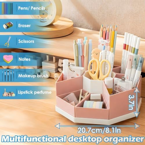 360 Degree Rotating Desk Organizer Caddy with 9 Compartments, Large Capacity Detachable Pencil Holder for Desk, Desktop Storage for Office, School, Home, Dressing Table (Blush Pink with White Base) - Image 3