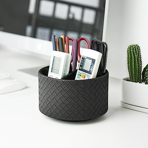 Round Leather Art Supply Organizer,Remote Control Holder,360 Degree Spinning,Multi-Functional Pencil Holder,4 Compartments Desktop Stationary Organizer(1-Weave Black) - Image 5