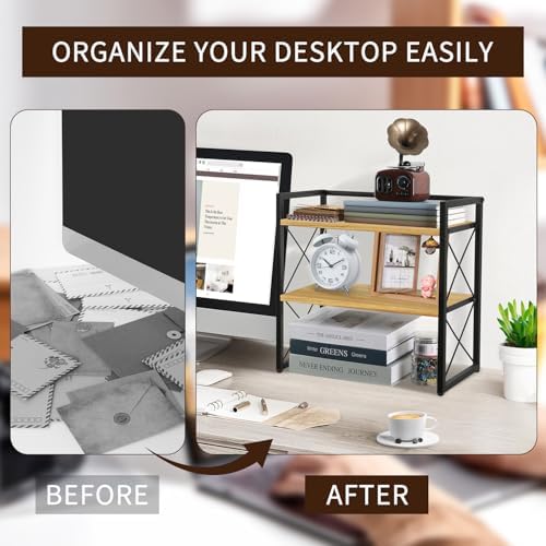 Desktop Shelf Organizer, 2 Tier Office Shelves, Wood Desk Organizer Storage Rack and Freestanding Display Shelf for Office, Dormitory, Home (Black Wood) - Image 5