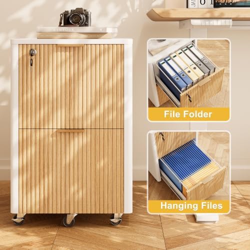 2 Drawers Fluted Mobile File Cabinet with Lock, Rolling File Cabinet Printer Stand Table, Under Desk Wooden Filing Cabinets for Home Office Essentials Storage Organization Furniture Letter/Legal/A4 - Image 7