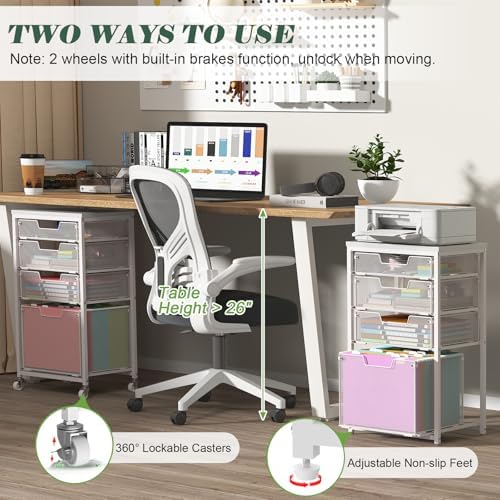 4 Drawer Rolling File Cart with Wheels, Mobile Filing Cabinet for Home Office, Hanging File Organizer, Under Desk Storage, Multifunctional Utility Cart Printer Stand, White - Image 5