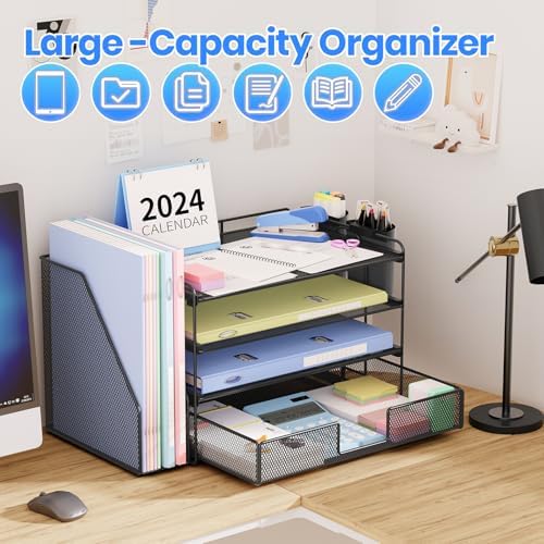 Desk Organizer, 4-Tier Desktop File Organizer with Drawer and Pen Holders, Office Desk Accessories, File Sorters, Workspace Organizers for Office Supplies(Black) - Image 6