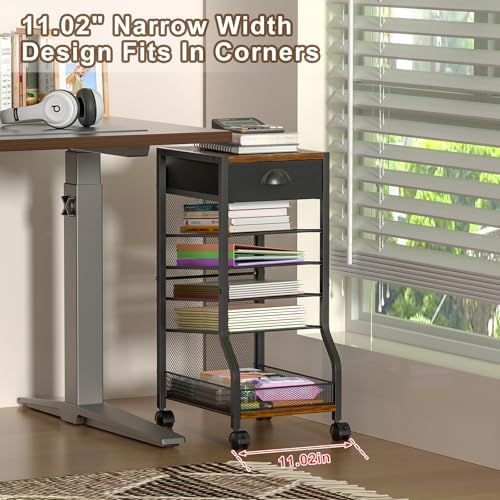 6-Tier Rolling File Cart with Drawer, Under Desk Storage with Paper Letter Sliding Trays, Standing File Organizer with Wheels, Slim Workspace Organizers for Office/Home/School/Study - Image 3