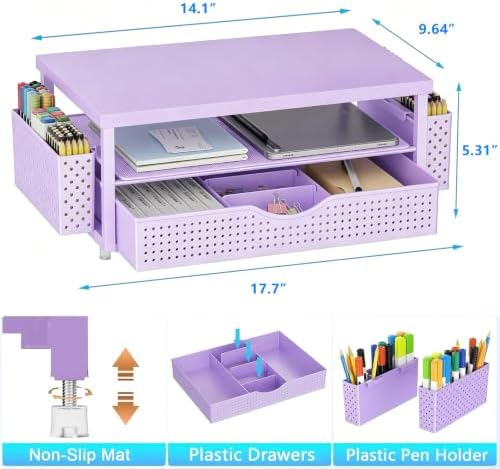 Monitor Stand with Drawer and 2 Pen Holders (Matte Purple) - Image 5