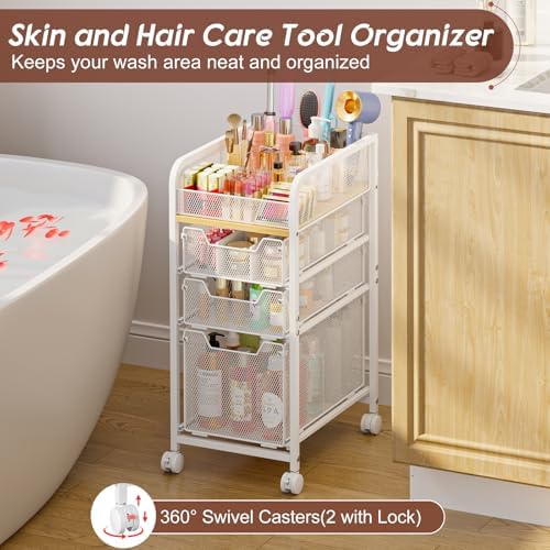Rolling Makeup Cart Organizer with 3 Drawers, Narrow Floor Skincare Organizers, Vanity Organizer Cosmetics Display Cases Holder for Skin Care Nail Polish Perfume Makeup Brush, White - Image 4