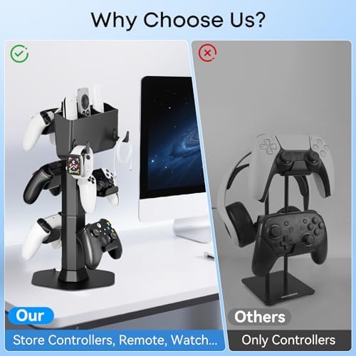 Headphone and Controller stand, Headphone Stand for Desk, PS5/PS4/Xbox/Switch Game Controller Holder, Gaming Headset Stand with Storage Box and Two Hooks for Remote Control Watch, Sega Genesis Consoles - Image 5