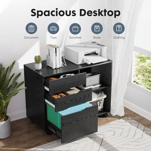 DUMOS 3 Drawer Rolling File Cabinet, Wood Printer Stand with Storage - Image 3