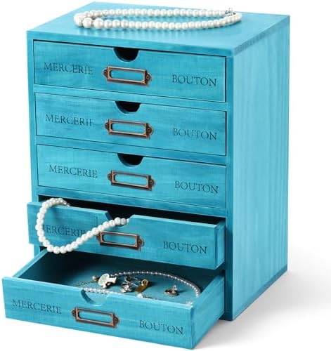 Wesiti Wooden Desk Organizer, 5 Drawers, Vintage Makeup Cabinet, Blue by Wesiti
